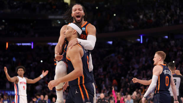 Feb 26, 2024; New York, New York, USA; New York Knicks guard Jalen Brunson (11) celebrates with guard Josh Hart (3) during the fourth quarter against the Detroit Pistons at Madison Square Garden. s
